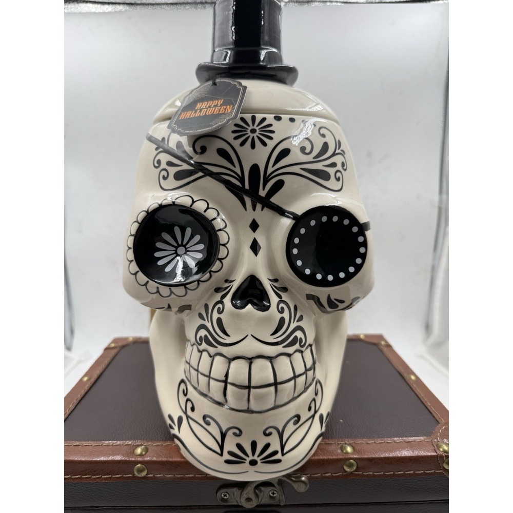 Halloween Sugar Skull with Top Hat, Tattoos, And Eye Patch Ceramic Cookie Jar